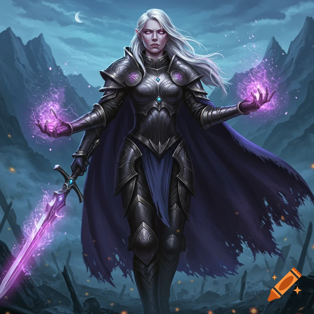 A white-haired elf battlemage in dark armor with glowing purple magic and a sword, standing in a desolate, mountainous landscape.