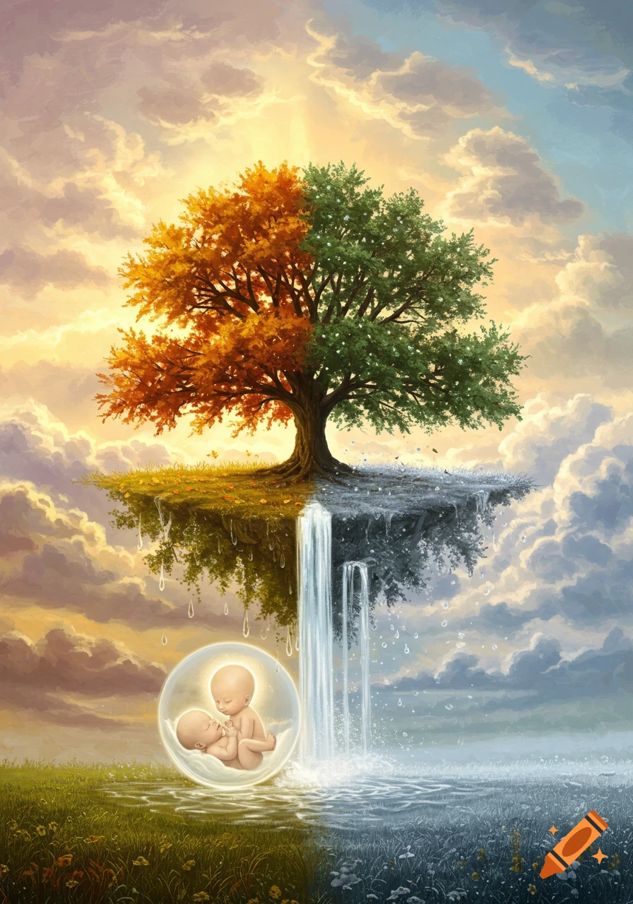 Fantasy art of a floating island tree split into autumn and spring, waterfalls, and two babies in a glowing bubble.