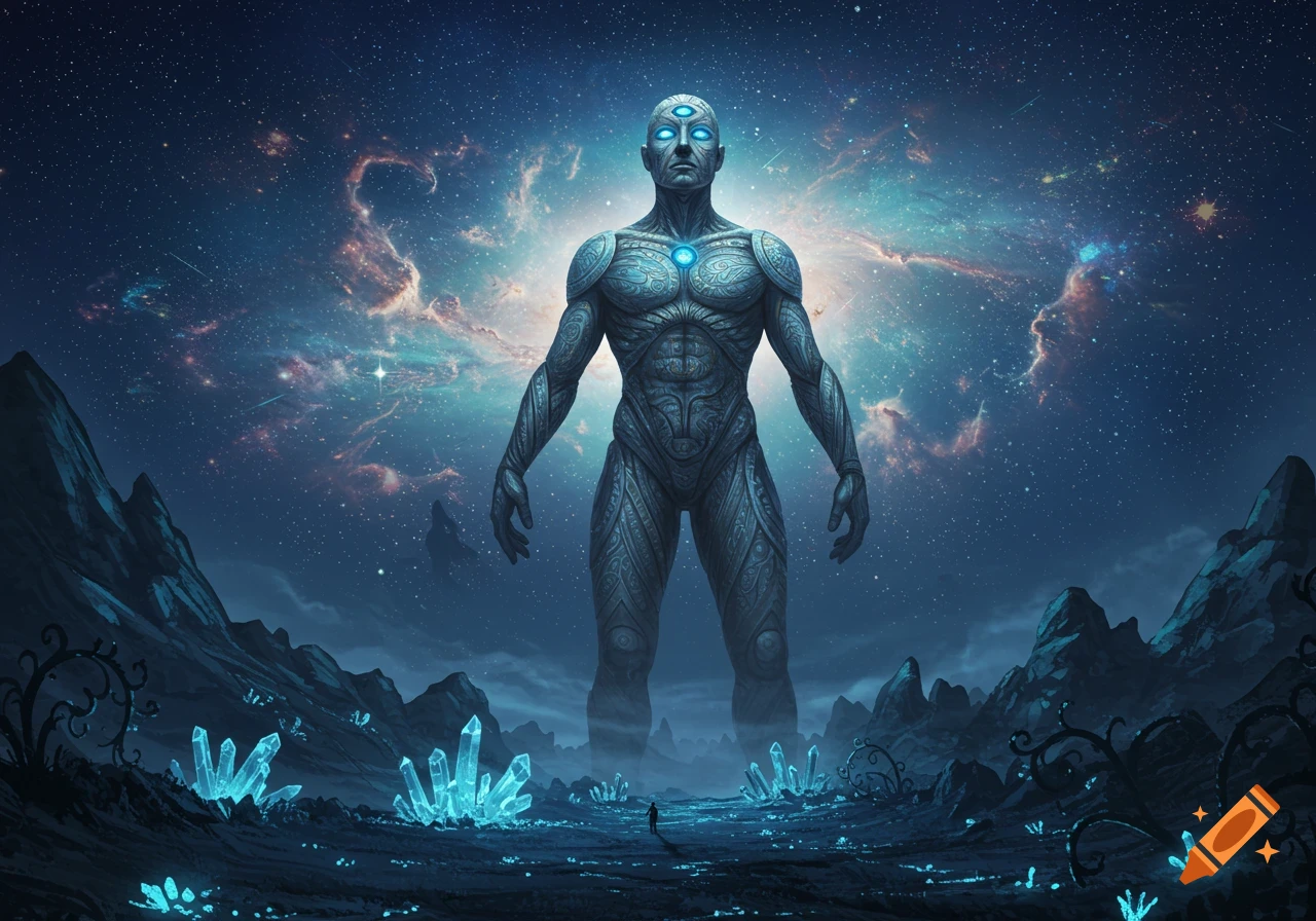 A giant, blue, three-eyed cosmic humanoid with glowing patterns stands on an alien world with glowing crystals under a nebula-filled starry sky.