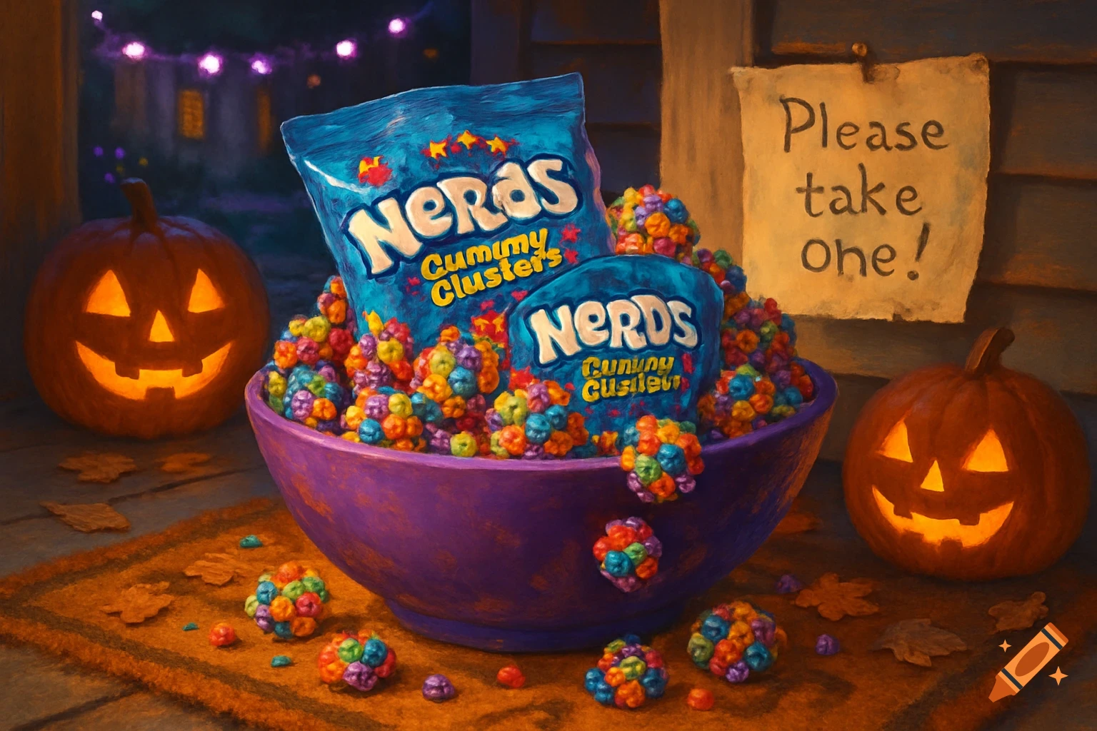 A purple bowl overflows with colorful Nerds Gummy Clusters candy and two bags of the candy. It sits on a porch with two lit jack-o'-lanterns, scattered leaves, and a sign saying "Please take one!".