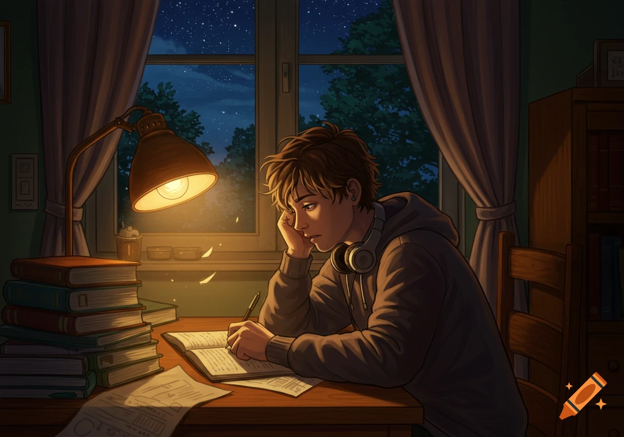 Illustrated male teenager studies at a desk with an open book and lamp, starry night sky seen through the window.