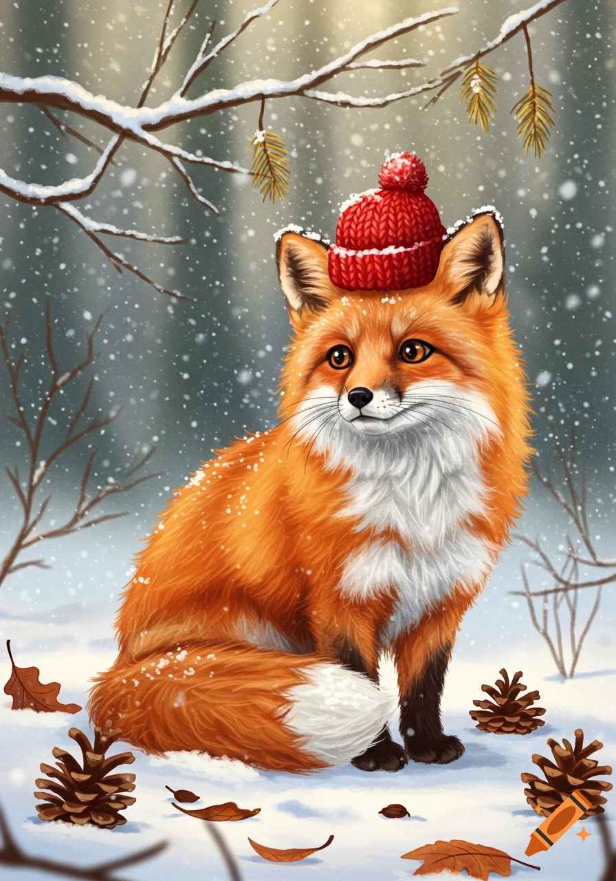A cute orange fox wearing a red knit hat sits in a snowy forest with pinecones and fallen leaves.
