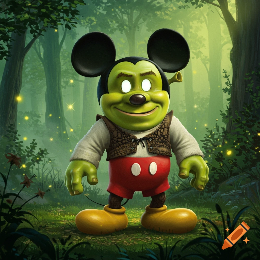 A green Shrek-Mickey Mouse hybrid with glowing eyes stands in a magical forest with fireflies.