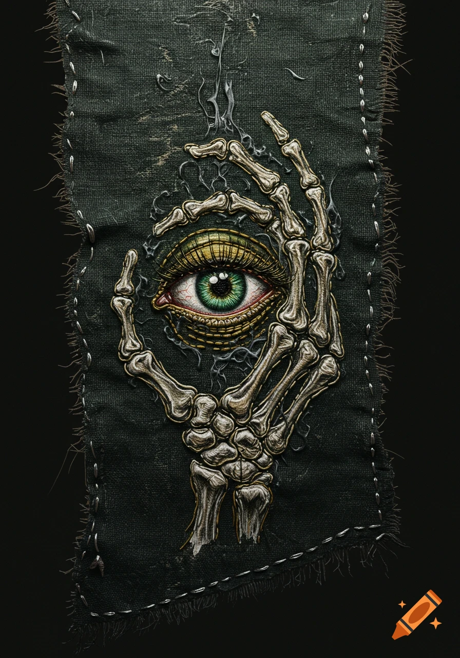 Stylized embroidered skeletal hand forms an 'OK' sign around a detailed green eye on a tattered dark cloth.
