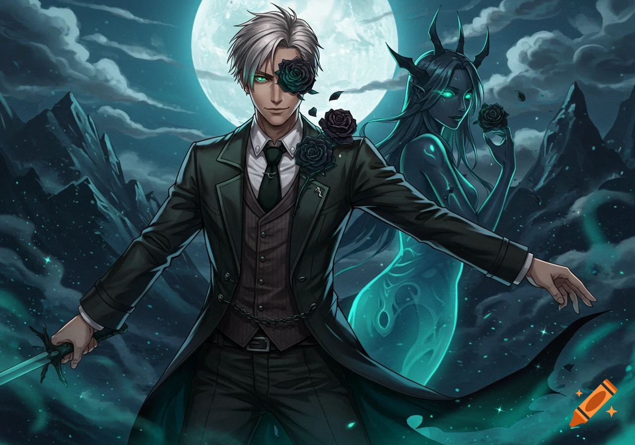 Anime style, a handsome man in a suit with a rose eyepatch and a sword, with a horned ghostly woman holding a rose, under a full moon.