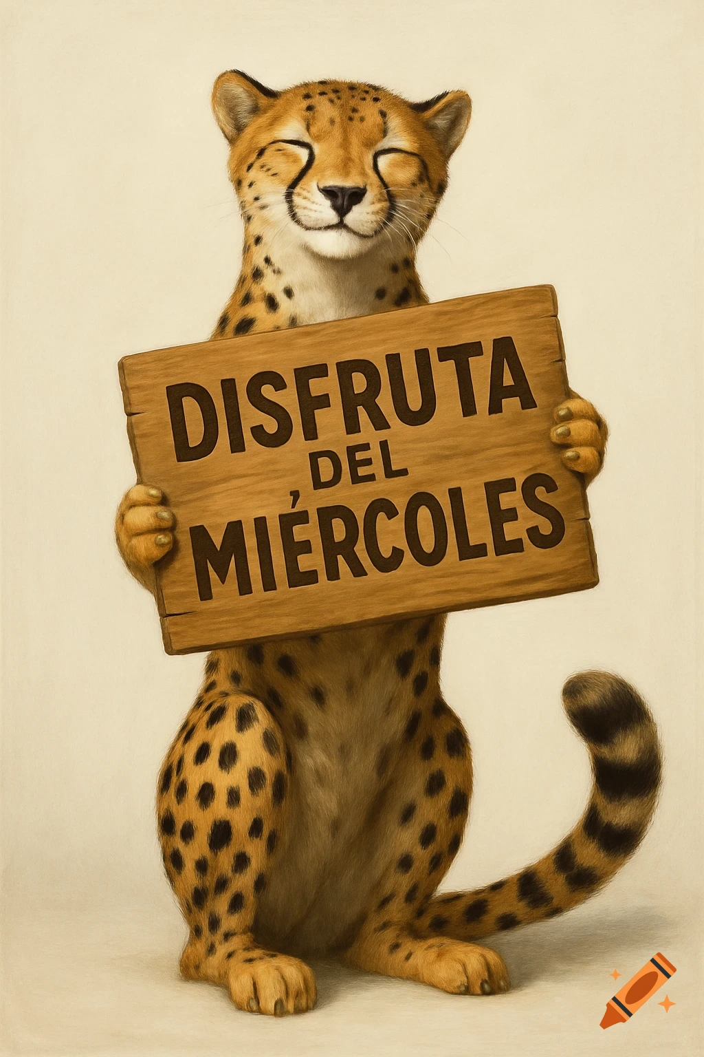 A stylized digital art illustration of a smiling cheetah with closed eyes holding a wooden sign that reads "DISFRUTA DEL MIÉRCOLES".