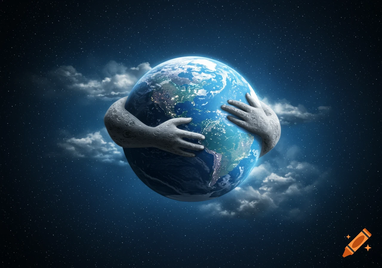 Moon-textured hands hug a detailed Earth, surrounded by stars and clouds in dark space.