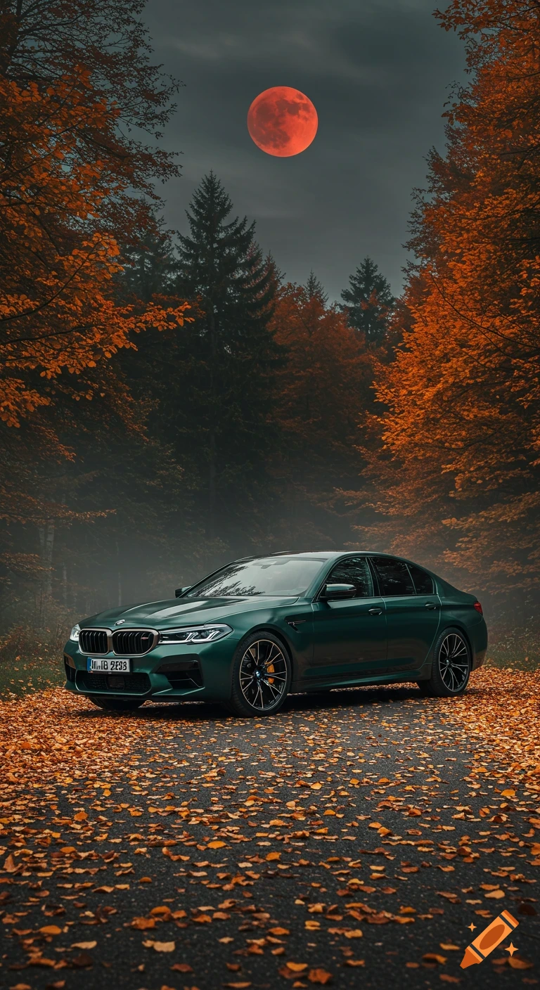 Dark green BMW sedan on an autumn road with fallen leaves, framed by trees under a dark sky with a large red moon.