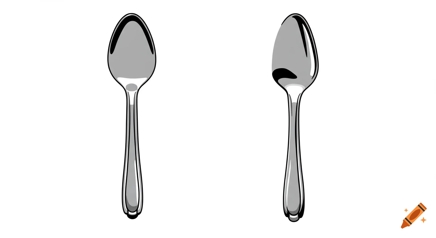 A normal silver spoon next to a bent silver spoon, rendered in a clipart style.