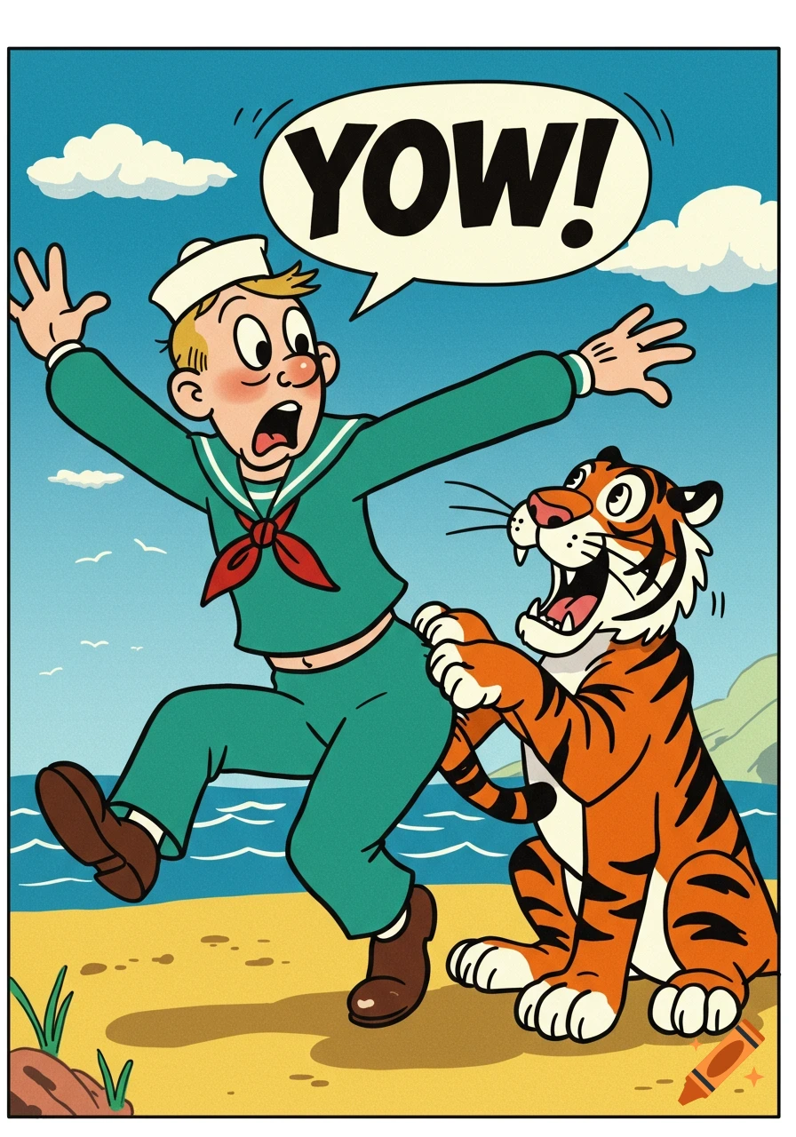 A cartoon sailor in green uniform yells 'YOW!' as a tiger humorously bites his backside on a sunny beach.