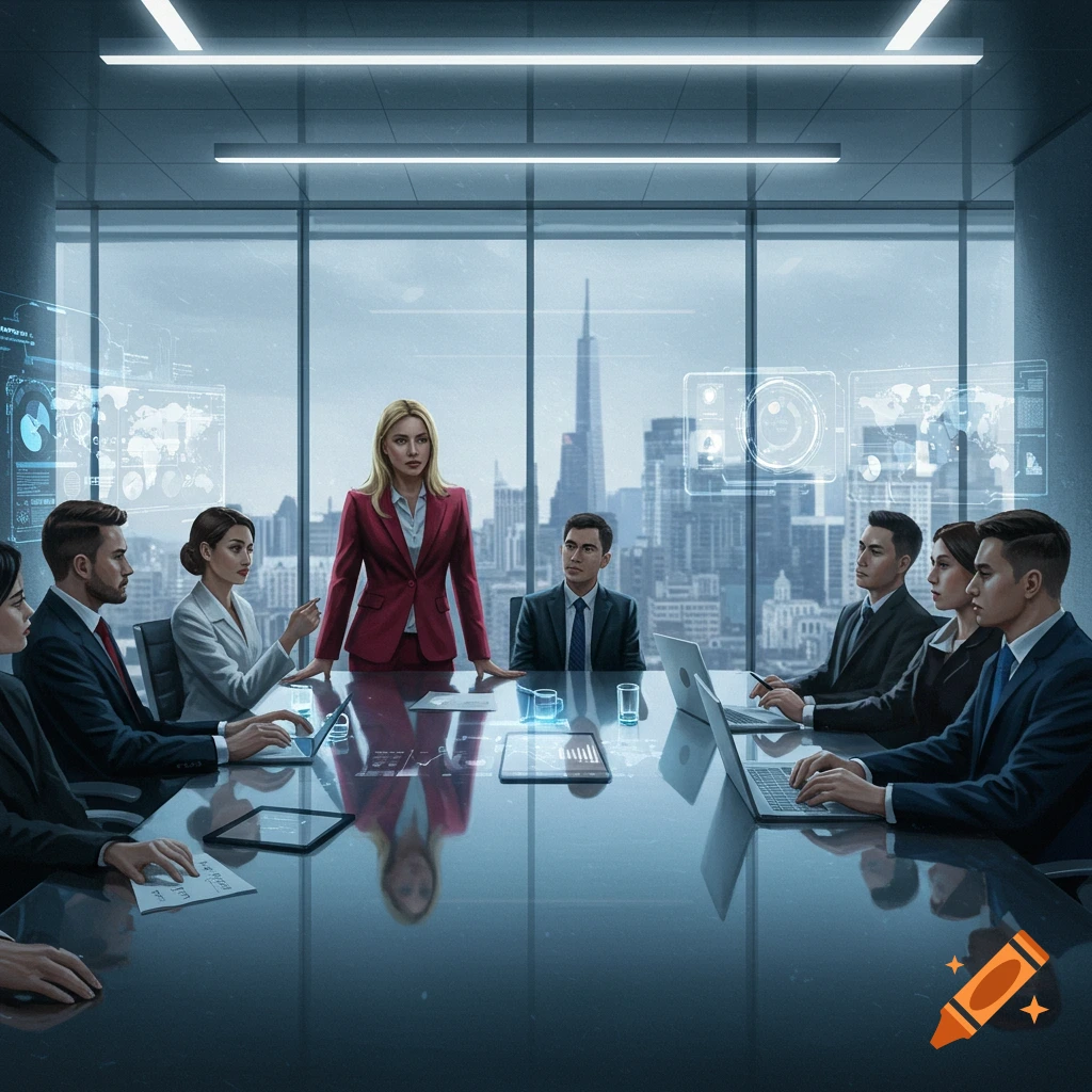 A long-haired blonde woman in a red suit leads a corporate team meeting in a modern skyscraper office with holographic displays and city views.