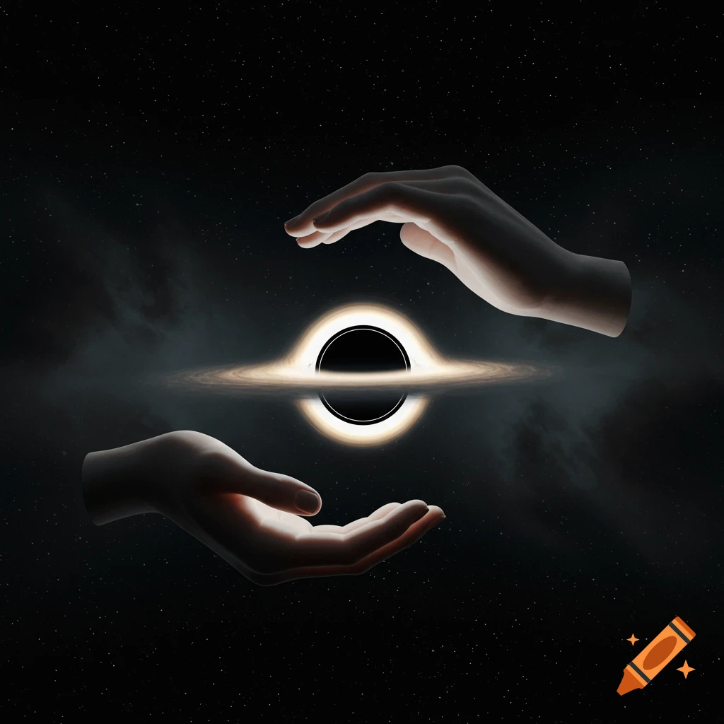 Two hands frame a glowing black hole with an accretion disk against a starry night sky.