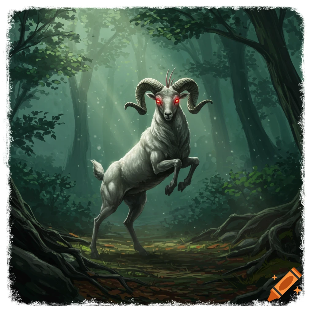 An illustrative drawing of a white ram standing on its hind legs in a dark forest, with glowing red eyes and curled horns.