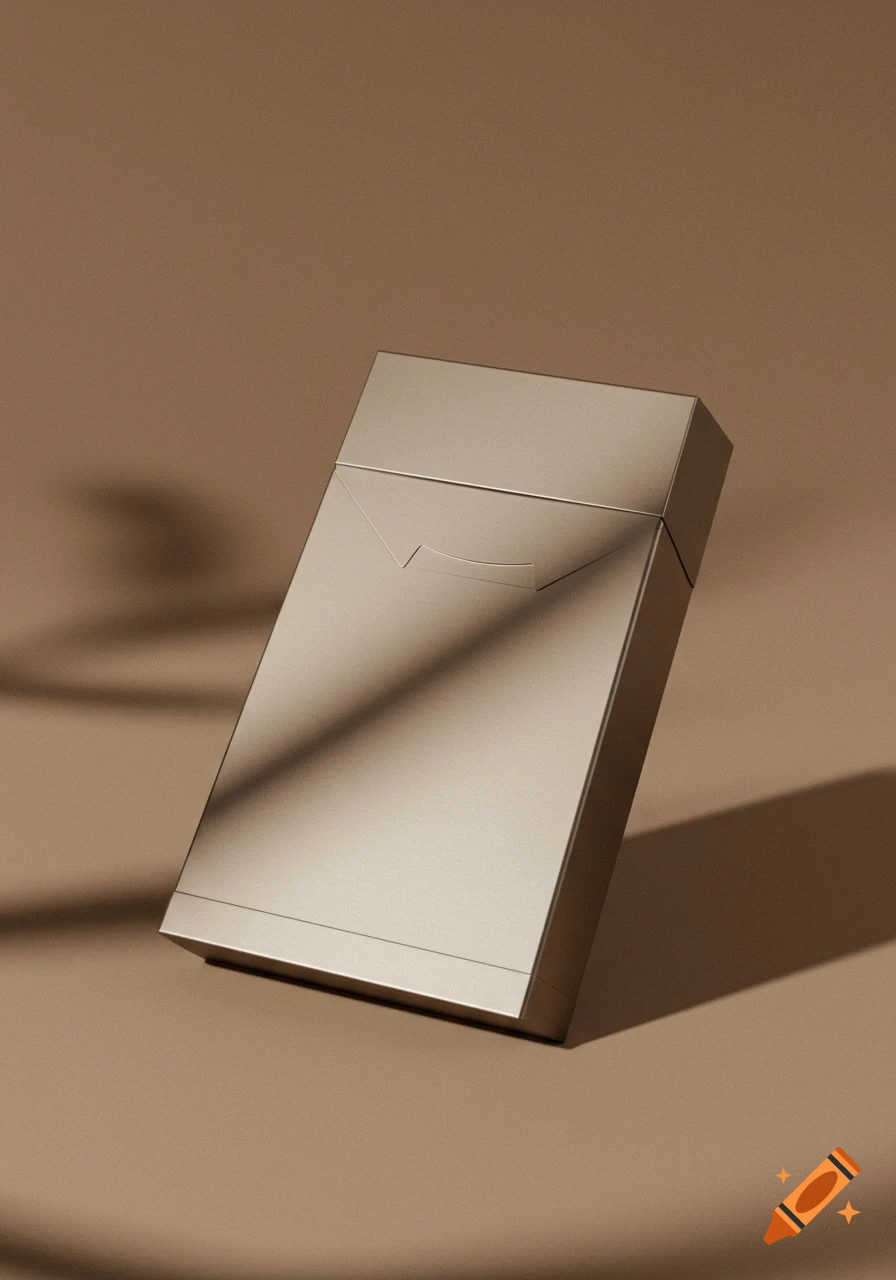 A gold-colored, minimalist cigarette package standing upright on a neutral brown background with soft shadows.
