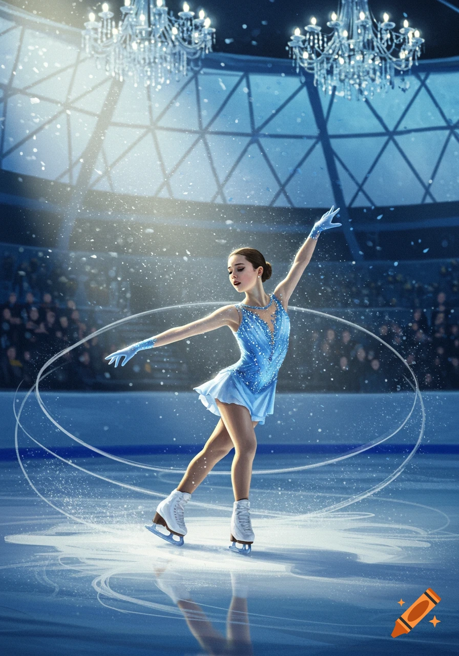 A female figure skater in a sparkling blue dress poses elegantly on a shimmering ice rink under chandeliers, with light reflecting off the ice.