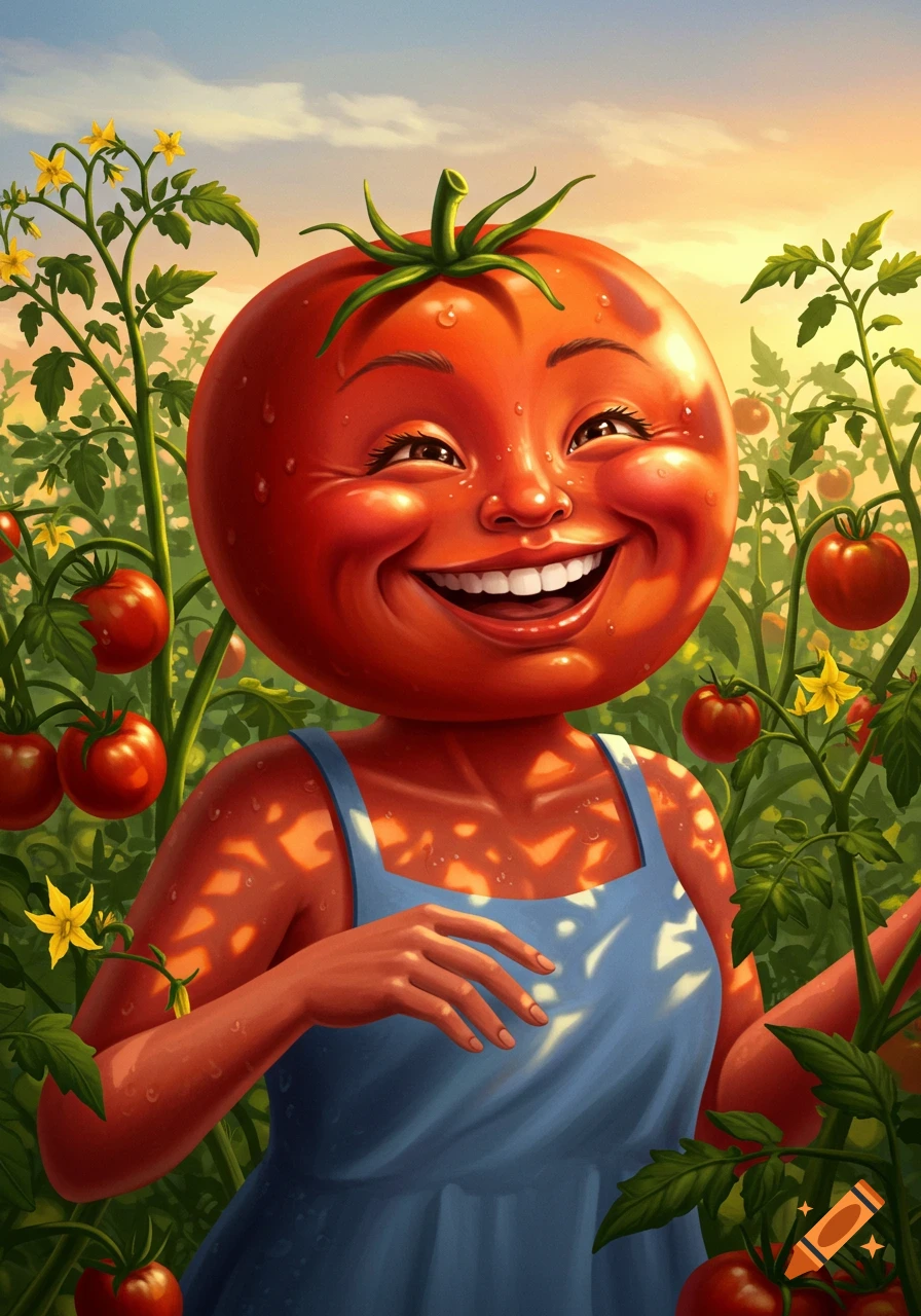 A whimsical illustration of a smiling woman with a tomato head in a sunny field of tomato plants.