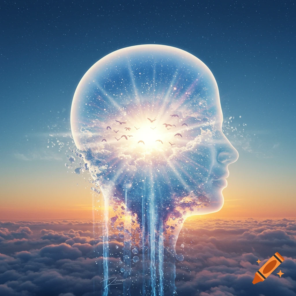 A glowing, translucent human head silhouette with light, stars, and birds inside, overlooking clouds and a sunset sky.