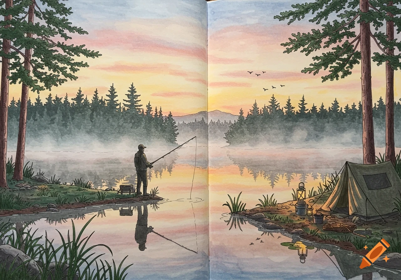 Watercolor illustration of a person fishing in a misty lake at dawn, with a campsite and pine forest in the background.