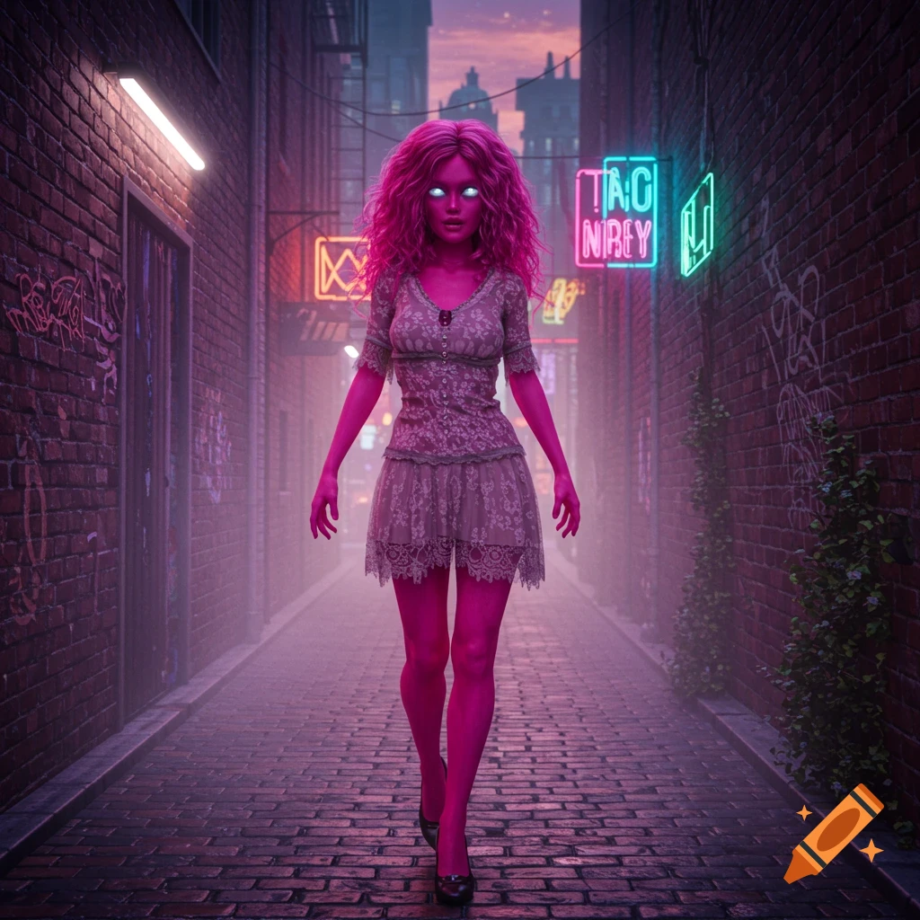 A pink-skinned woman with bright pink hair and glowing white eyes, wearing a gray lace dress, walks down a neon-lit, brick alley at dusk.