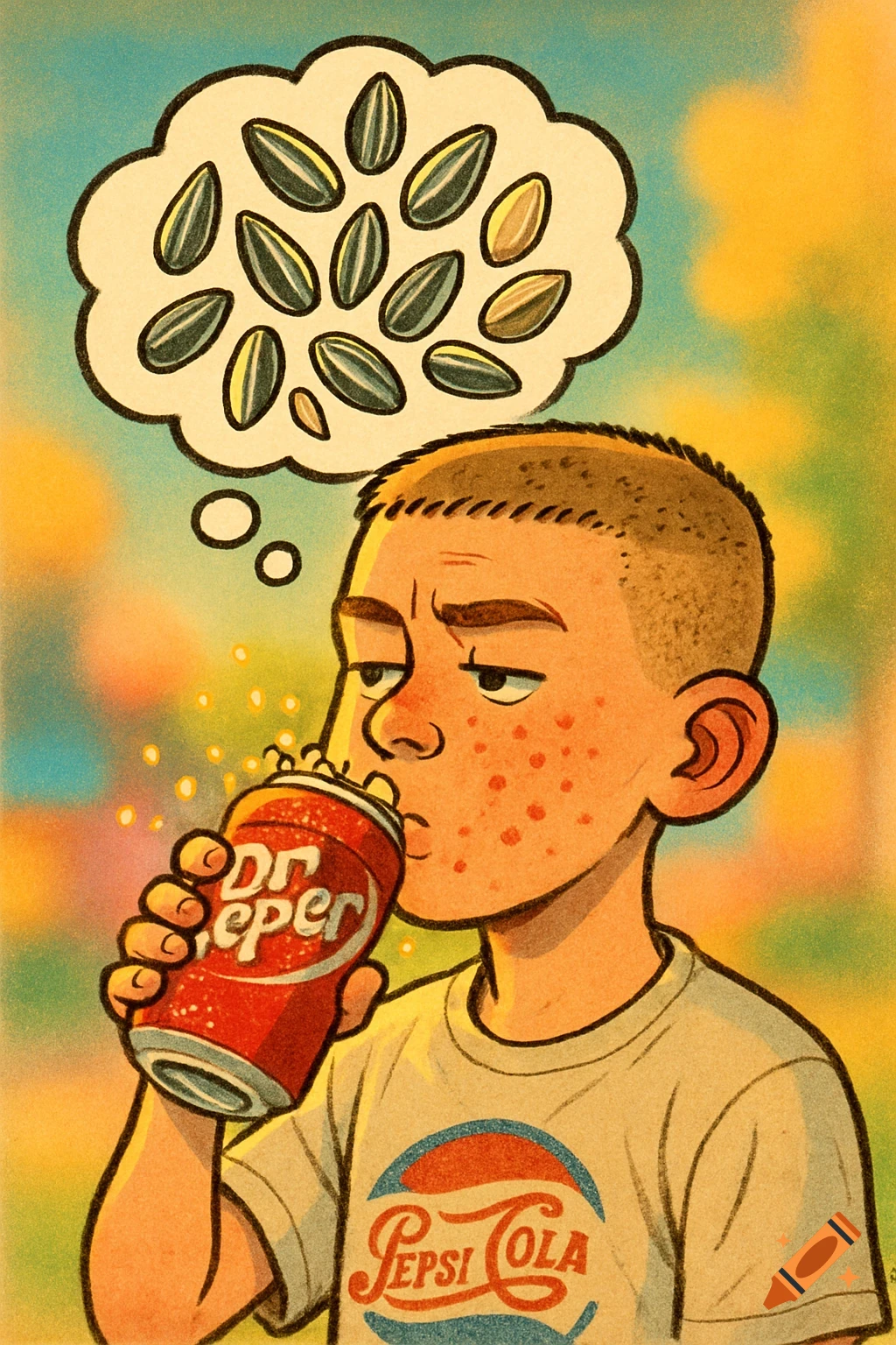 A cartoon teenage boy with acne and a buzz cut drinks Dr Pepper, wearing a Pepsi-Cola shirt, while thinking about sunflower seeds in a thought bubble. Stylized illustration.