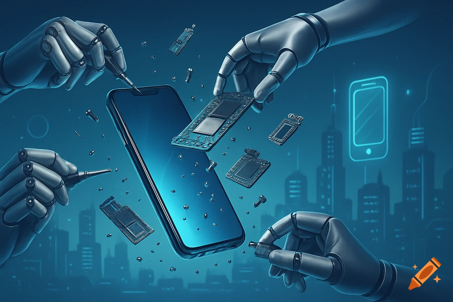 Robot hands assemble a smartphone with circuit board components and tools, digital art.