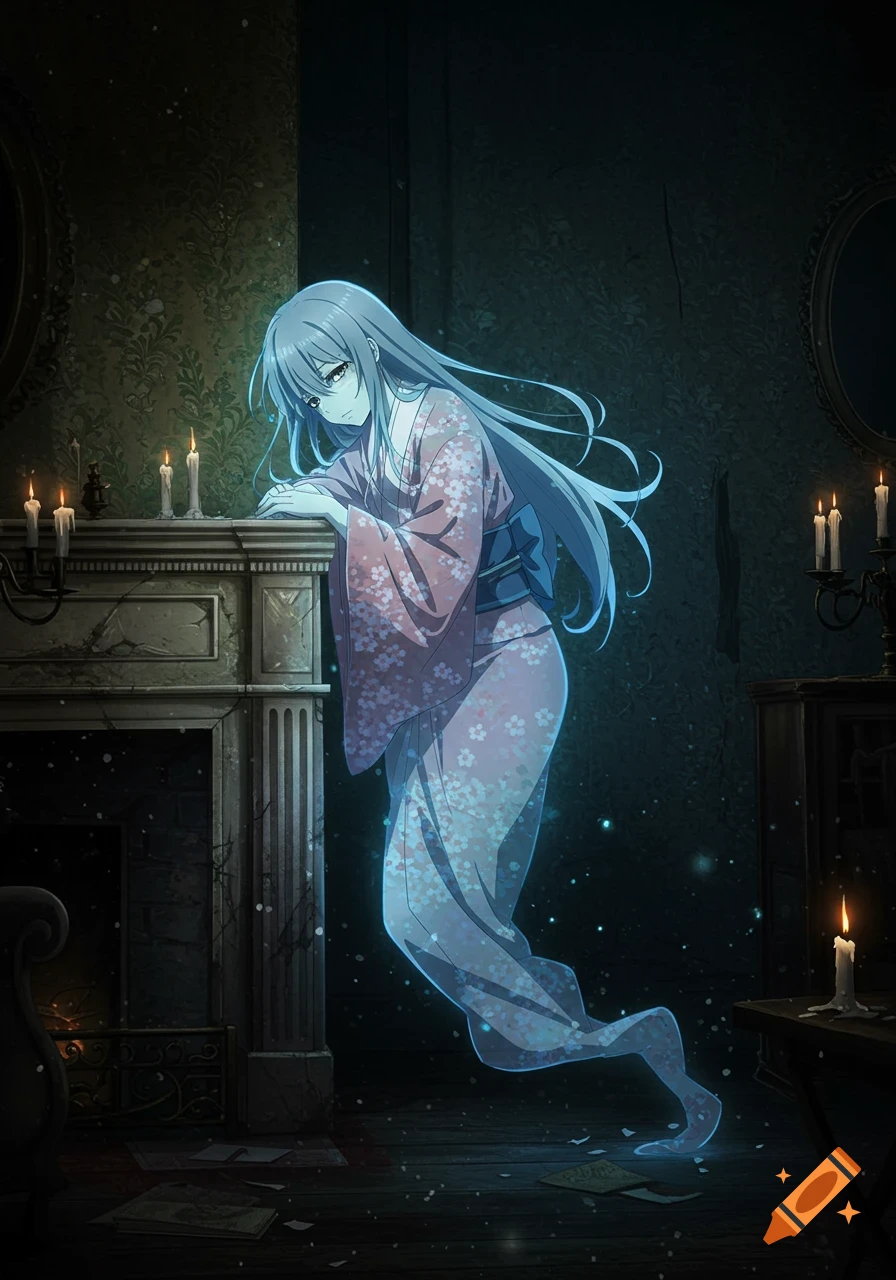 Anime ghost girl with long light blue hair in a pink kimono, leaning on a fireplace in a dark, candlelit room.