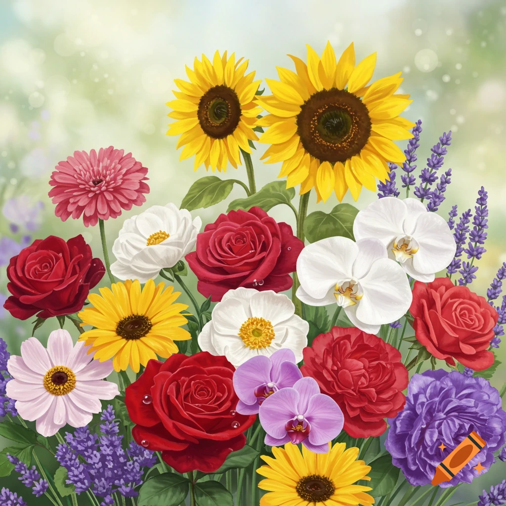 Vibrant illustration of a diverse bouquet with yellow sunflowers, red roses, white orchids, and purple lavender against a soft background.