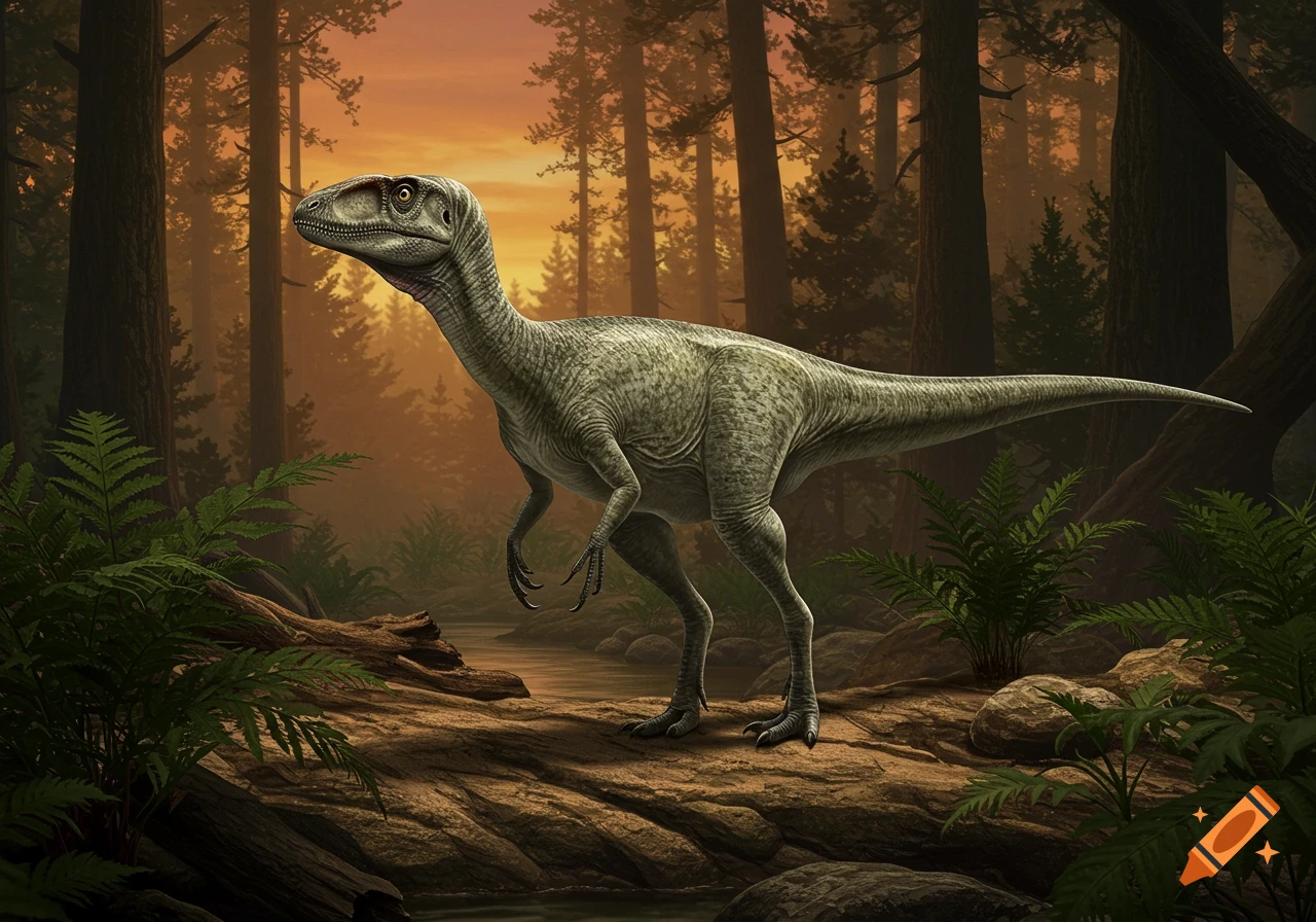 A realistic Compsognathus dinosaur stands in a prehistoric forest with tall trees and ferns at sunset.