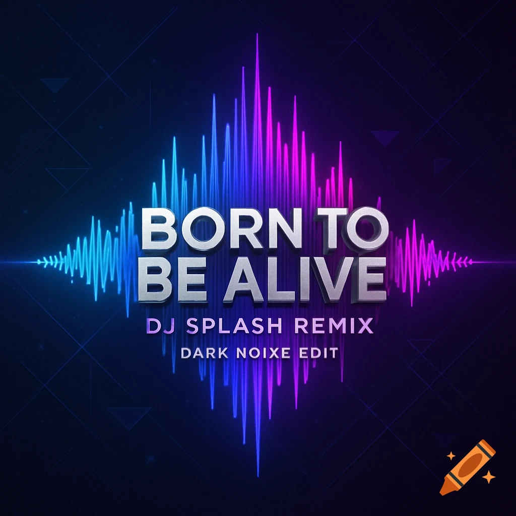 An album cover with a blue to purple gradient sound wave graphic behind the silver text "BORN TO BE ALIVE" and remix details.