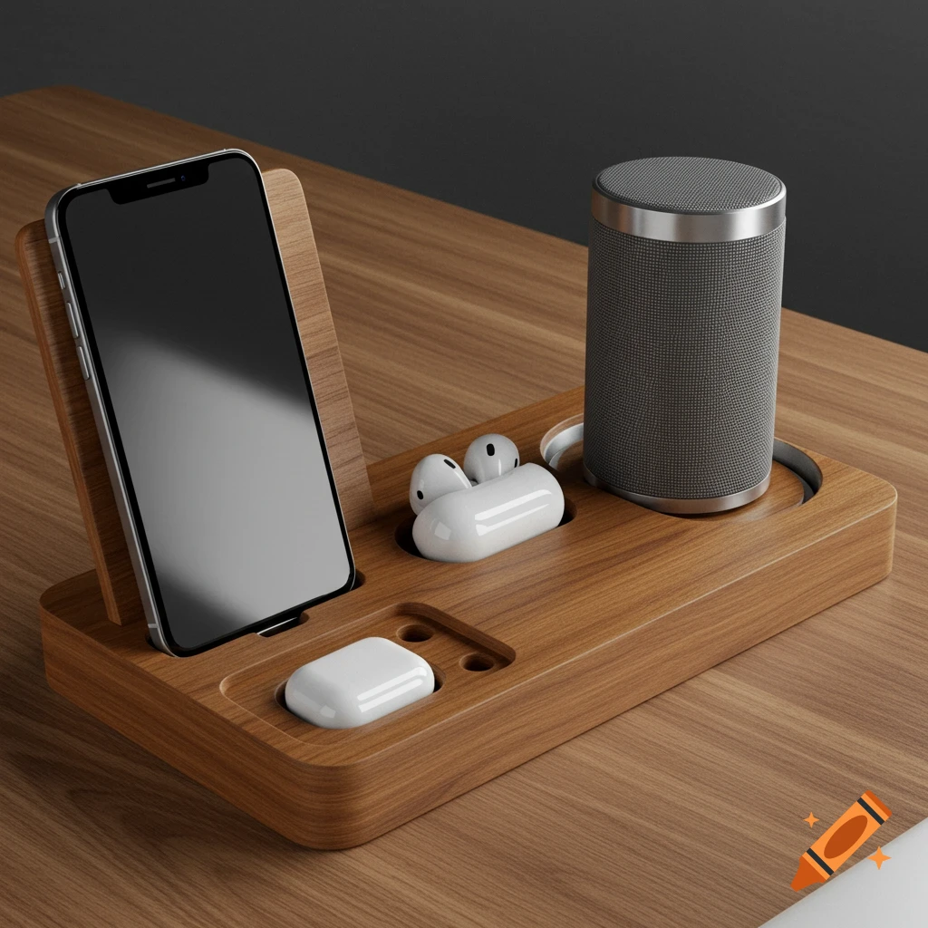 A wooden docking station on a desk holding a smartphone, AirPods, and a gray cylindrical speaker, depicted in a photorealistic style.