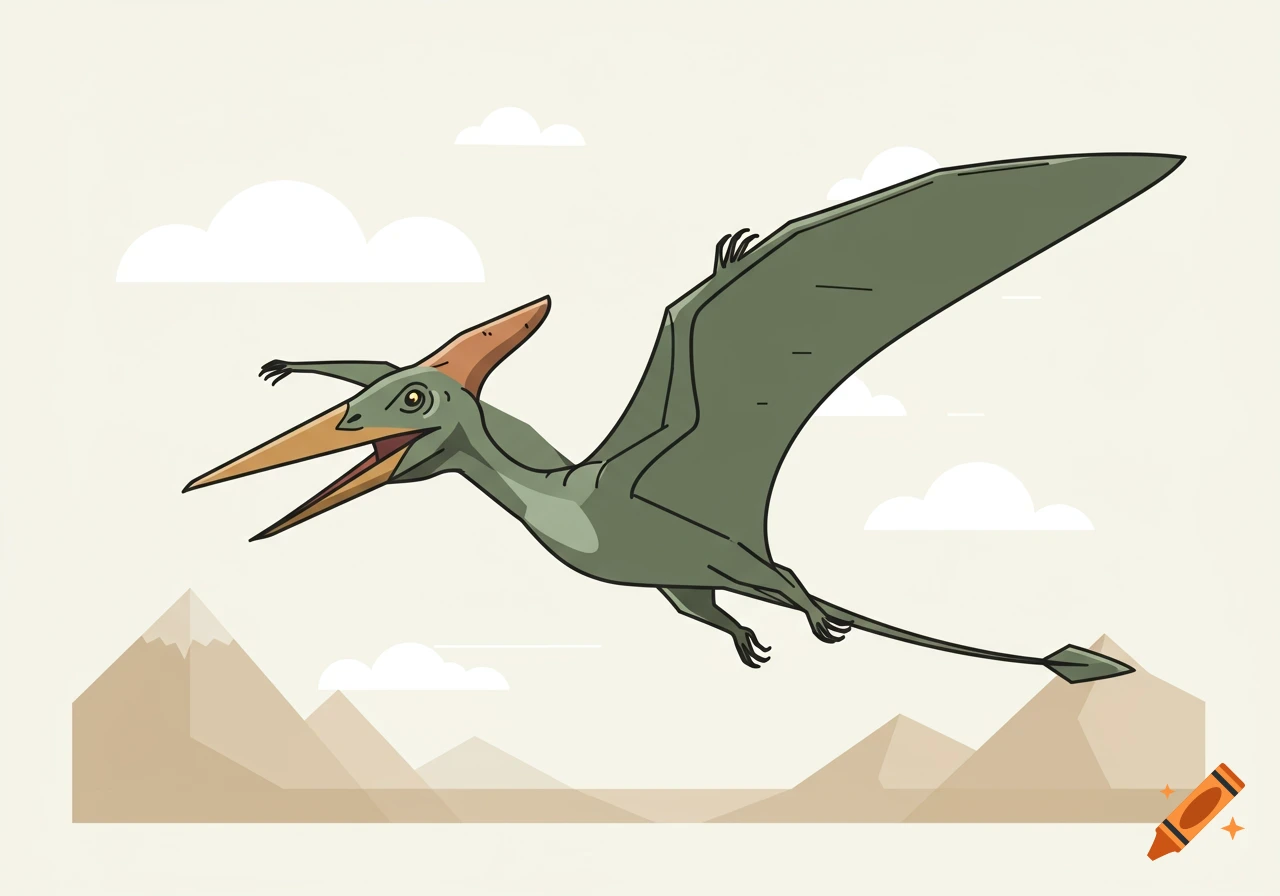 A cartoon pterodactyl with green body and orange crest flies over brown mountains and white clouds.
