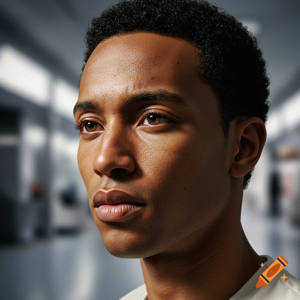 A photorealistic close-up portrait of a young man with dark skin and curly hair, looking intently to the side.