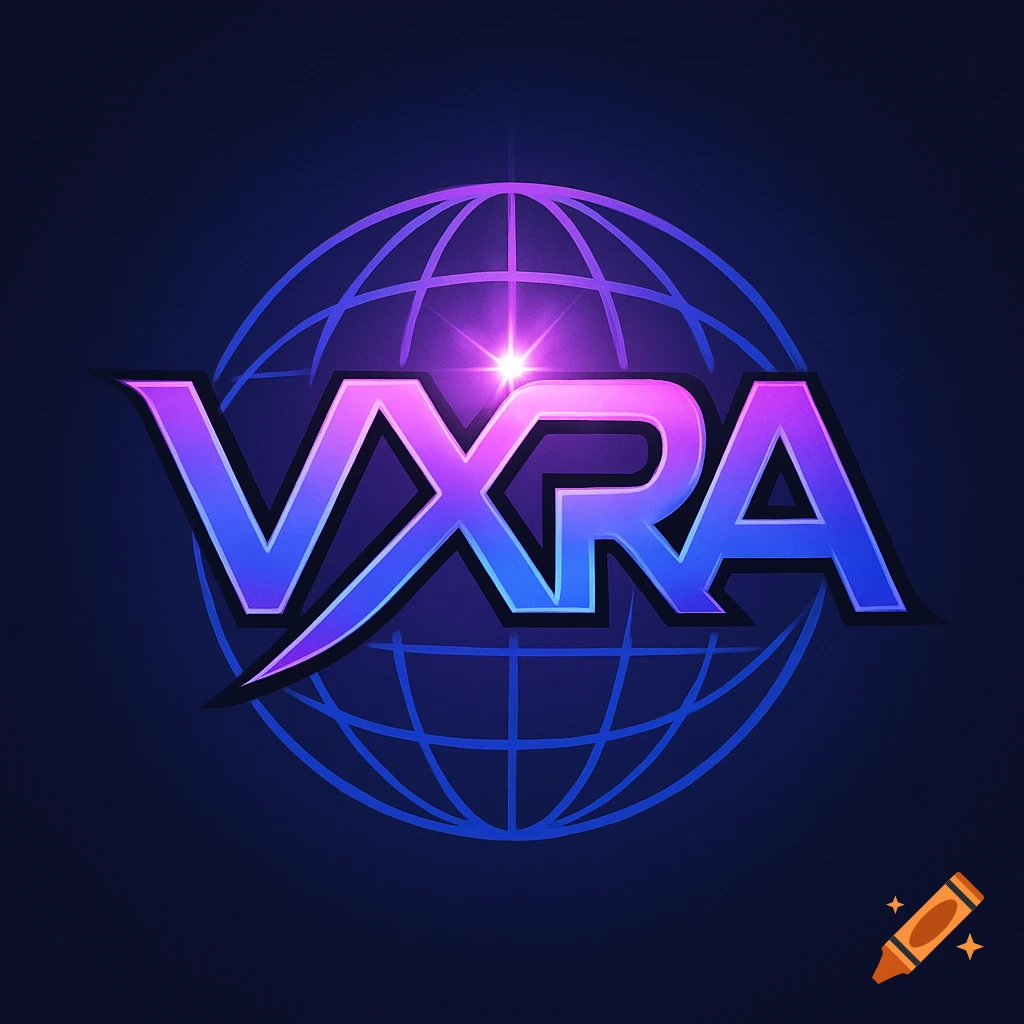 A neon purple and blue 'VXRA' logo in front of a wireframe globe on a dark blue background.