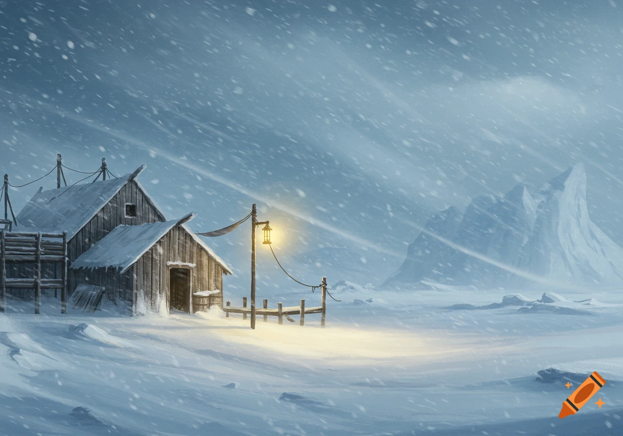 Illustration of a small wooden outpost with a lit lantern in a heavy snowstorm, with distant snowy mountains.