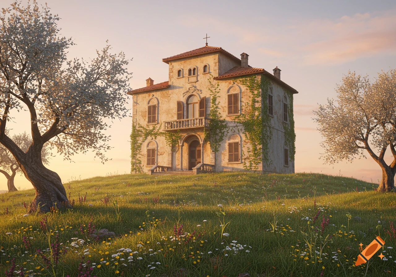 A picturesque old stone villa with ivy and a red roof, on a grassy hill with flowering trees and wildflowers under a soft sky.