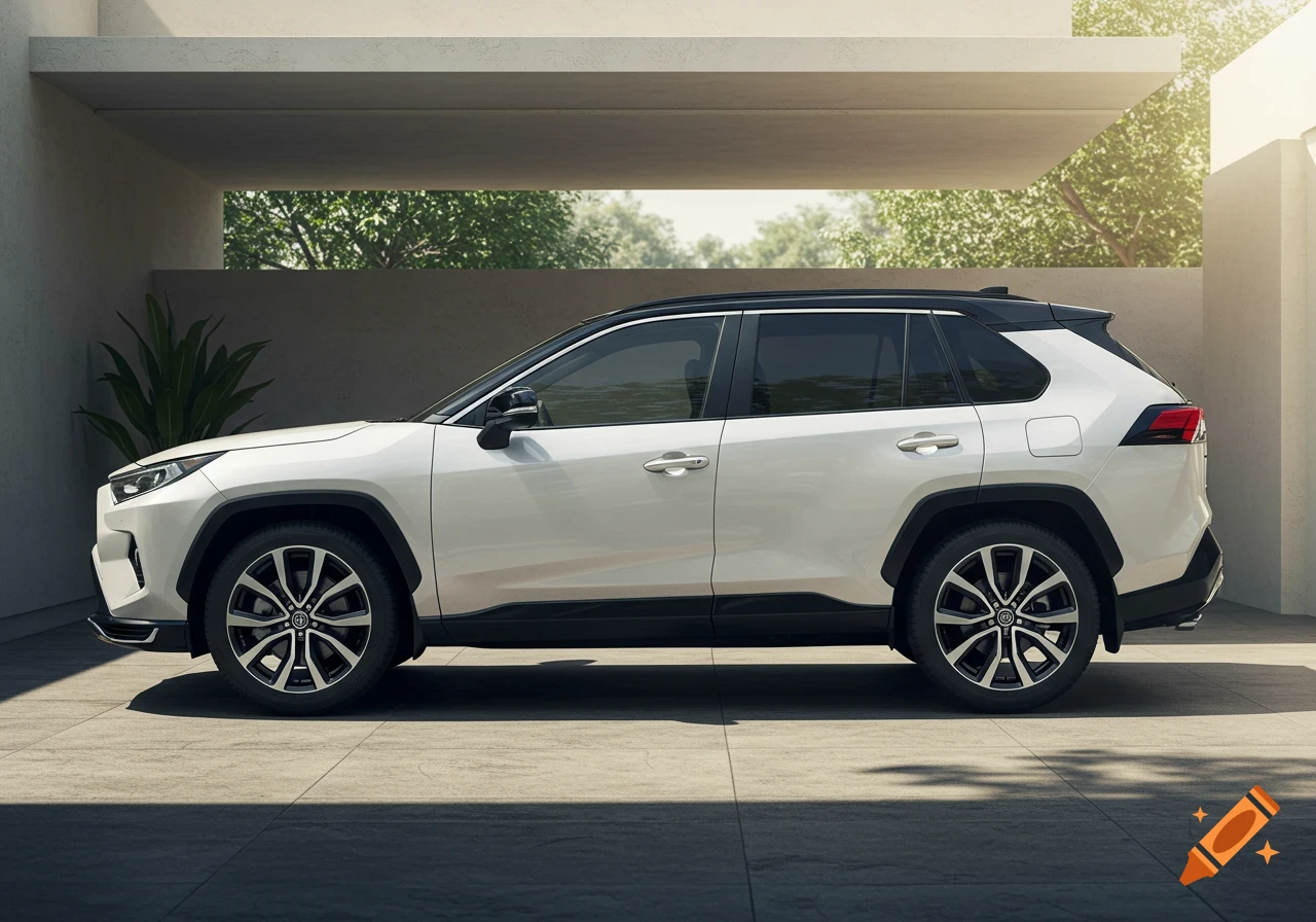 A white Toyota RAV4 Prime SUV with a black roof and 10-spoke silver alloy rims, parked on a paved driveway in natural daylight.