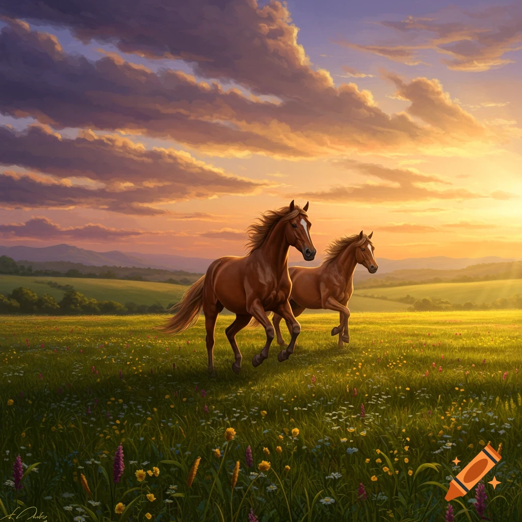 Two brown horses gallop through a lush field of wildflowers under a dramatic sunset sky.