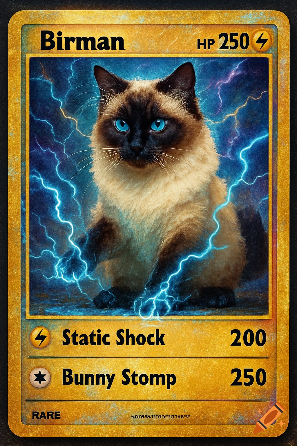 A Birman cat with glowing blue eyes and lightning around its paws, depicted on a gold-bordered playing card in the style of a Pokémon card.