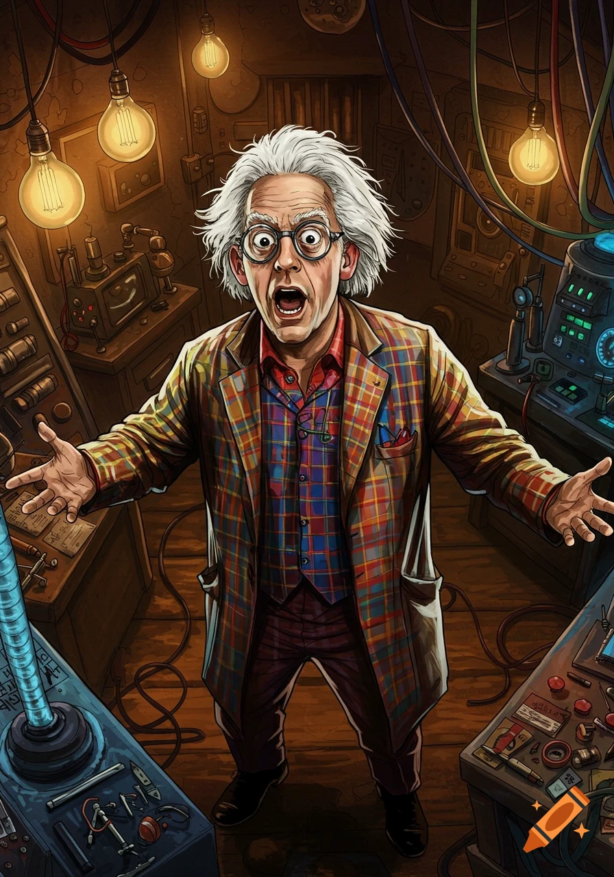 A wide-eyed man resembling Doc Brown, wearing a plaid suit, stands with outstretched hands in a cluttered, steampunk-style laboratory.