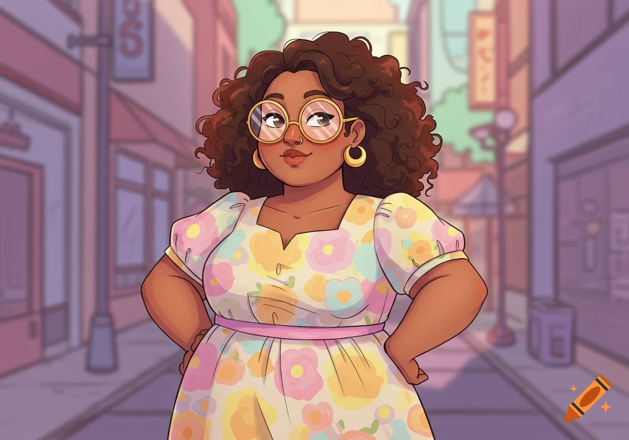 A cartoon woman with curly brown hair and glasses stands in a floral dress on a city street.