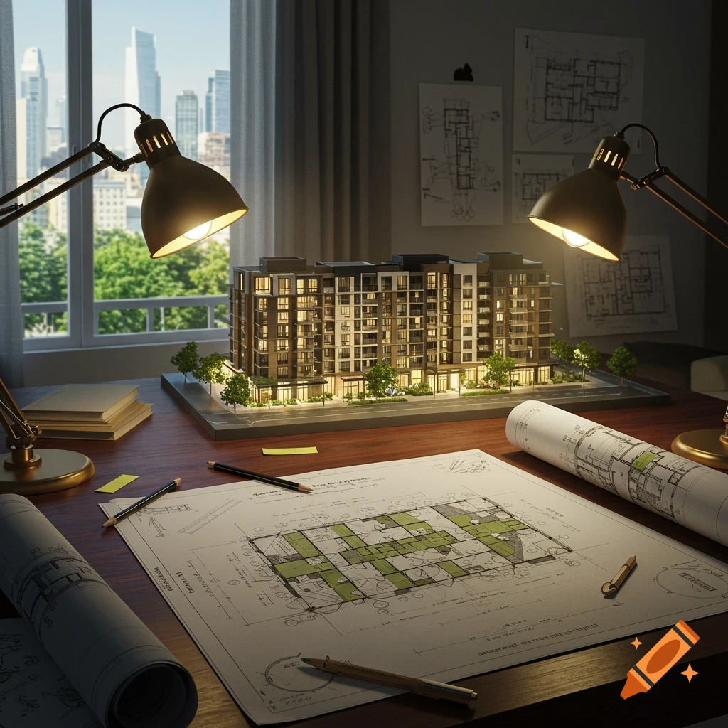 A photorealistic image of an architect's desk with an illuminated building model, blueprints, and desk lamps, overlooking a city.