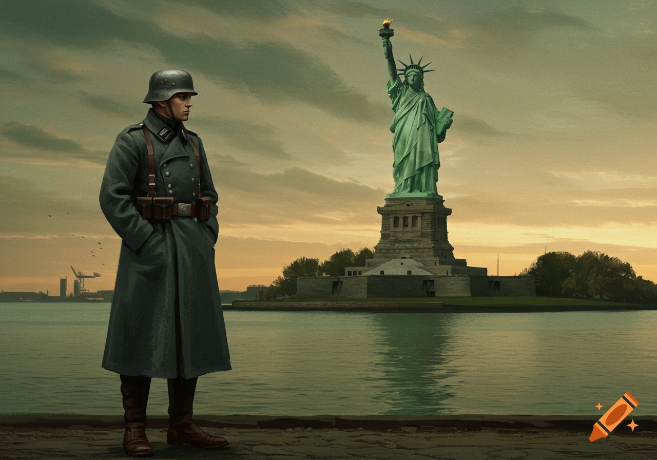 A WWI German soldier in a greatcoat stands on a waterfront with the Statue of Liberty behind him at sunset, in a realistic painting.
