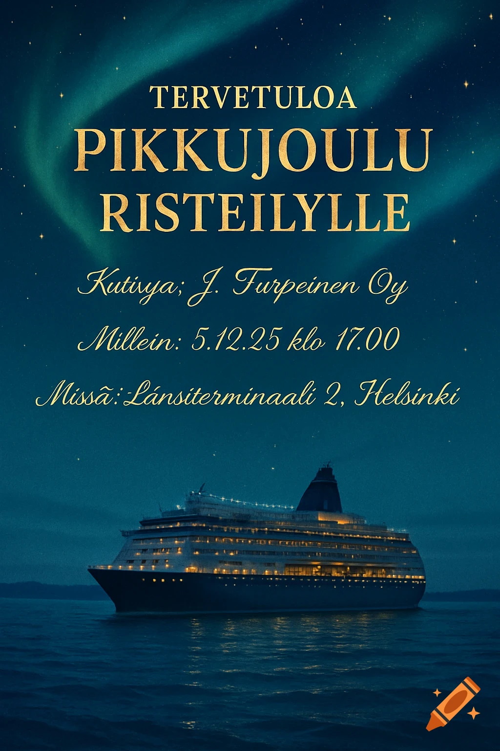 A cruise ship sails on dark water under a starry night sky with green Northern Lights. Gold text for a Christmas cruise invitation is overlaid.