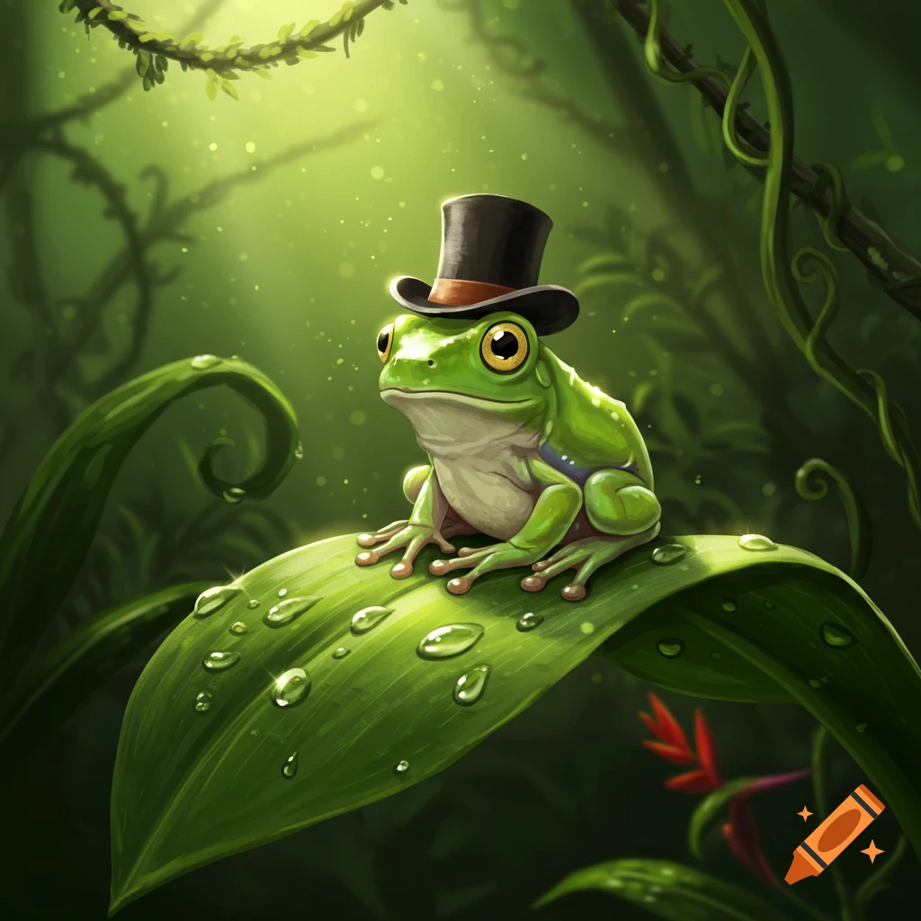 A whimsical green tree frog in a black top hat sits on a dewy leaf in a lush, sunlit jungle illustration.