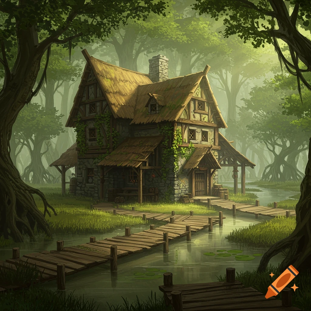 A fantasy digital painting of a stone medieval inn with a thatched roof in a lush green swamp, connected by wooden walkways over a river.