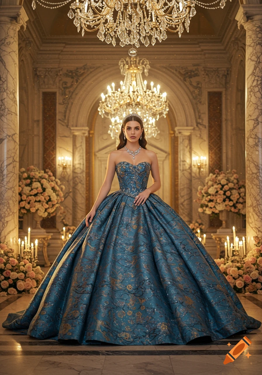 A woman in a teal, gold-patterned ball gown stands in a grand, chandelier-lit hall adorned with flowers.