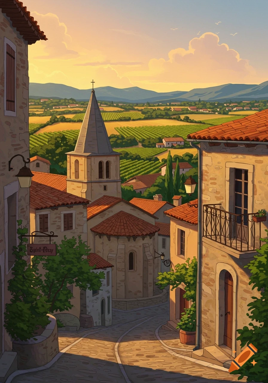 A vibrant illustration of a charming French village street with stone buildings, a church steeple, and rolling vineyards under a sunset sky.