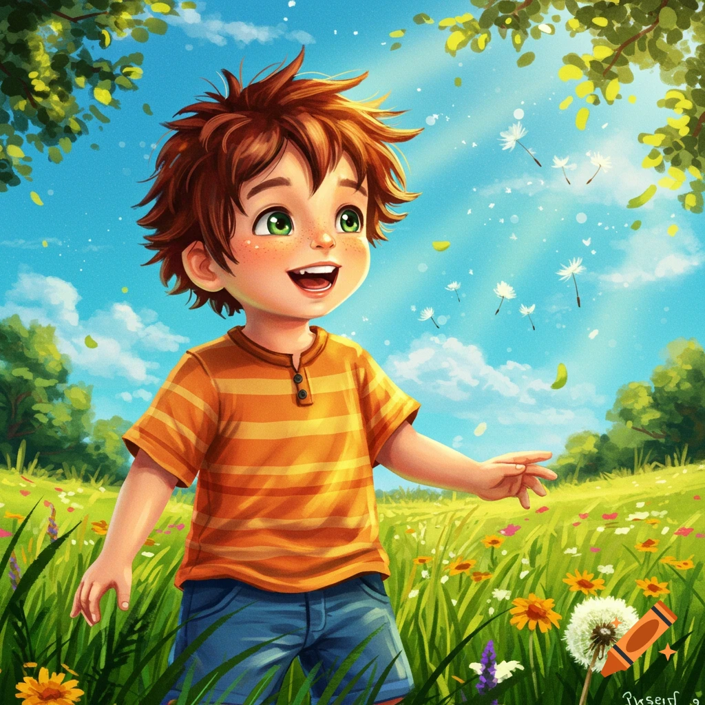 Happy cartoon boy with red hair in a green meadow with flowers and floating dandelion seeds under a sunny blue sky.