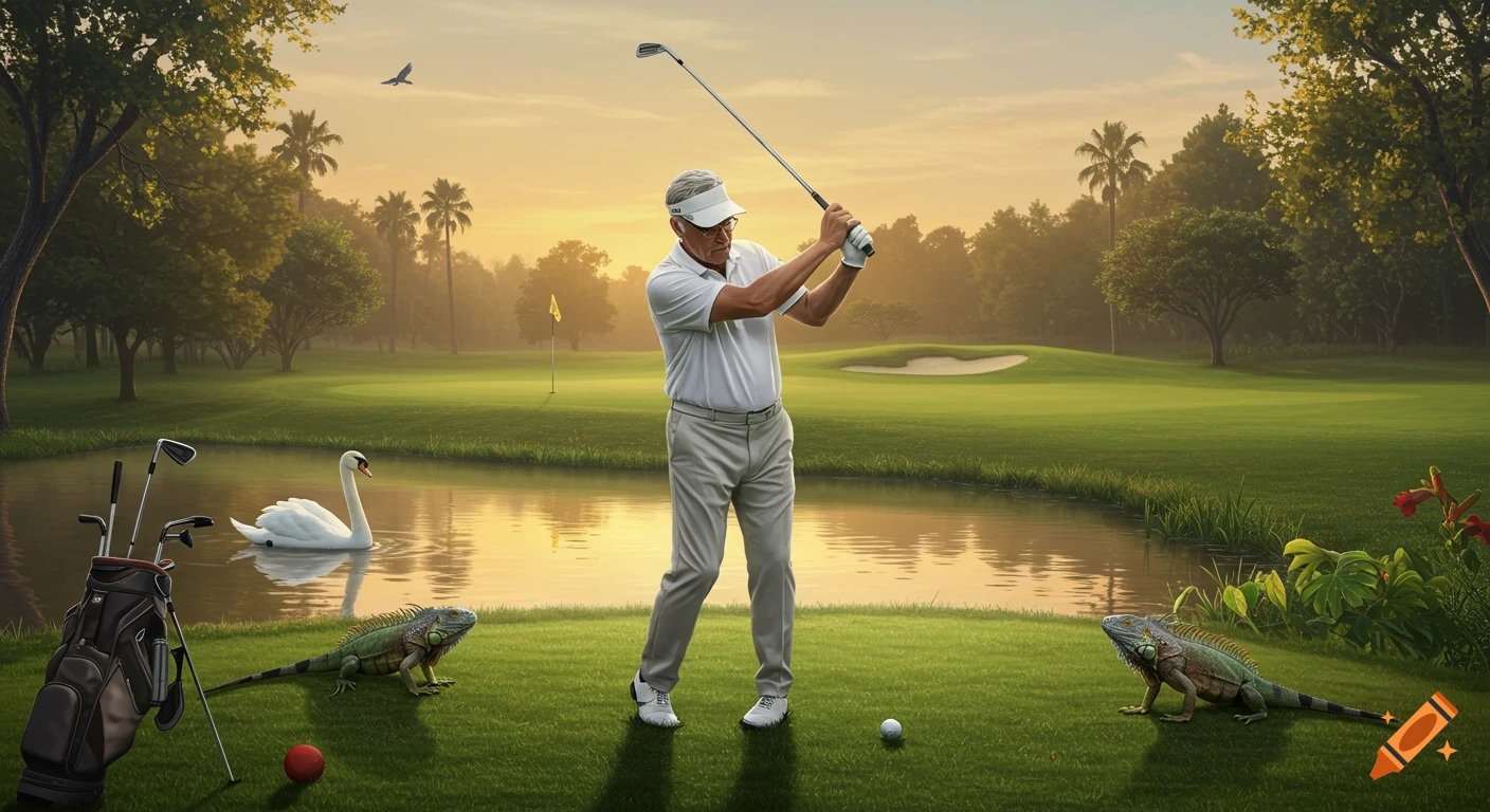 A senior male golfer in white takes a golf swing on a course at sunset, with a pond, swan, and iguanas.