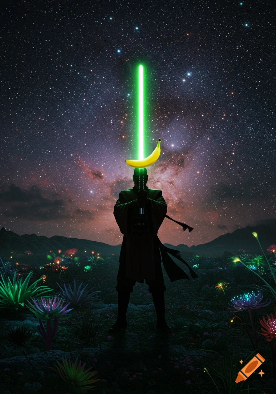 A silhouette of a Jedi Knight holding a green lightsaber with a banana hilt, standing in a colorful alien field under a starry night sky.